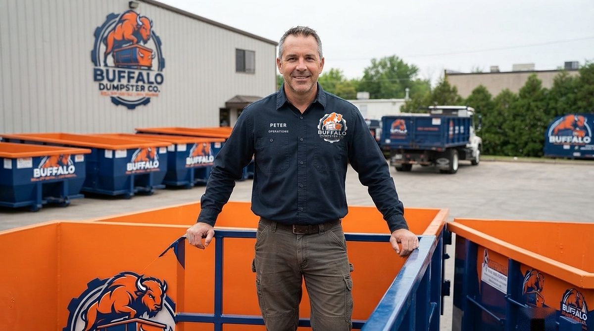 Peter of Buffalo Dumpster Co. standing in a roll-off container at the Walden Avenue yard