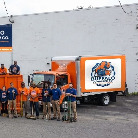 The Buffalo Dumpster Co. crew with brooms, shovels and a hand truck in front of the box truck
