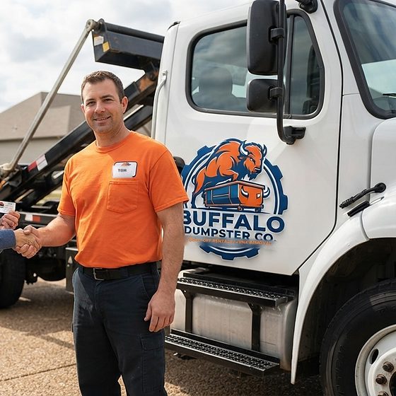 Buffalo Dumpster Co. roll-off truck delivering a container to a home driveway