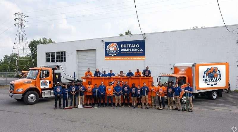 The Buffalo Dumpster Co. team with the trucks outside the shop