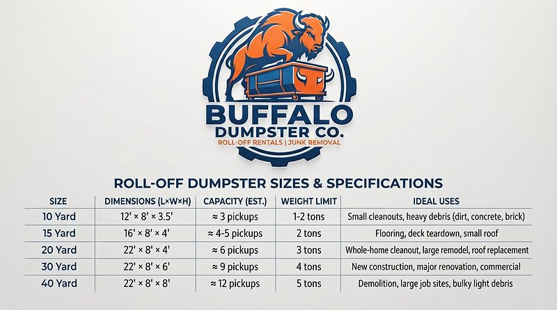Roll-off dumpster sizes and specifications chart