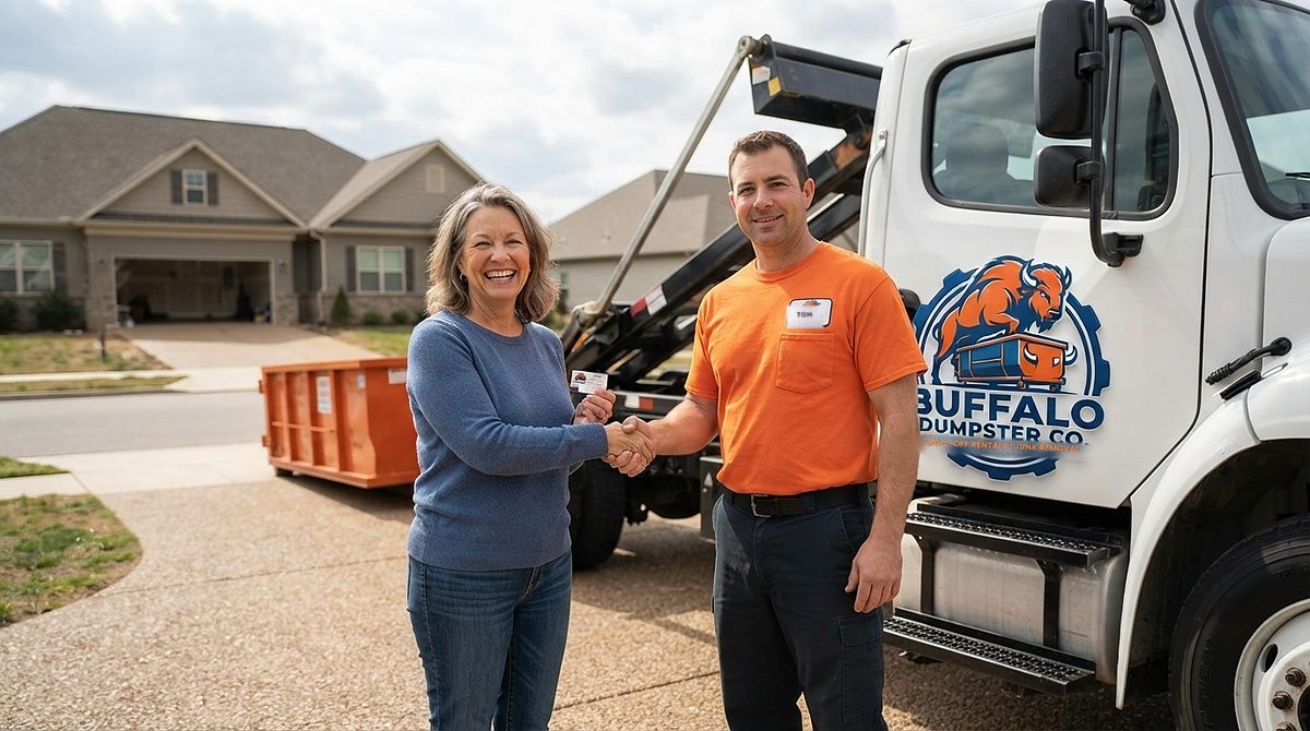 Buffalo Dumpster Co. roll-off container delivered to a driveway in the Amherst area