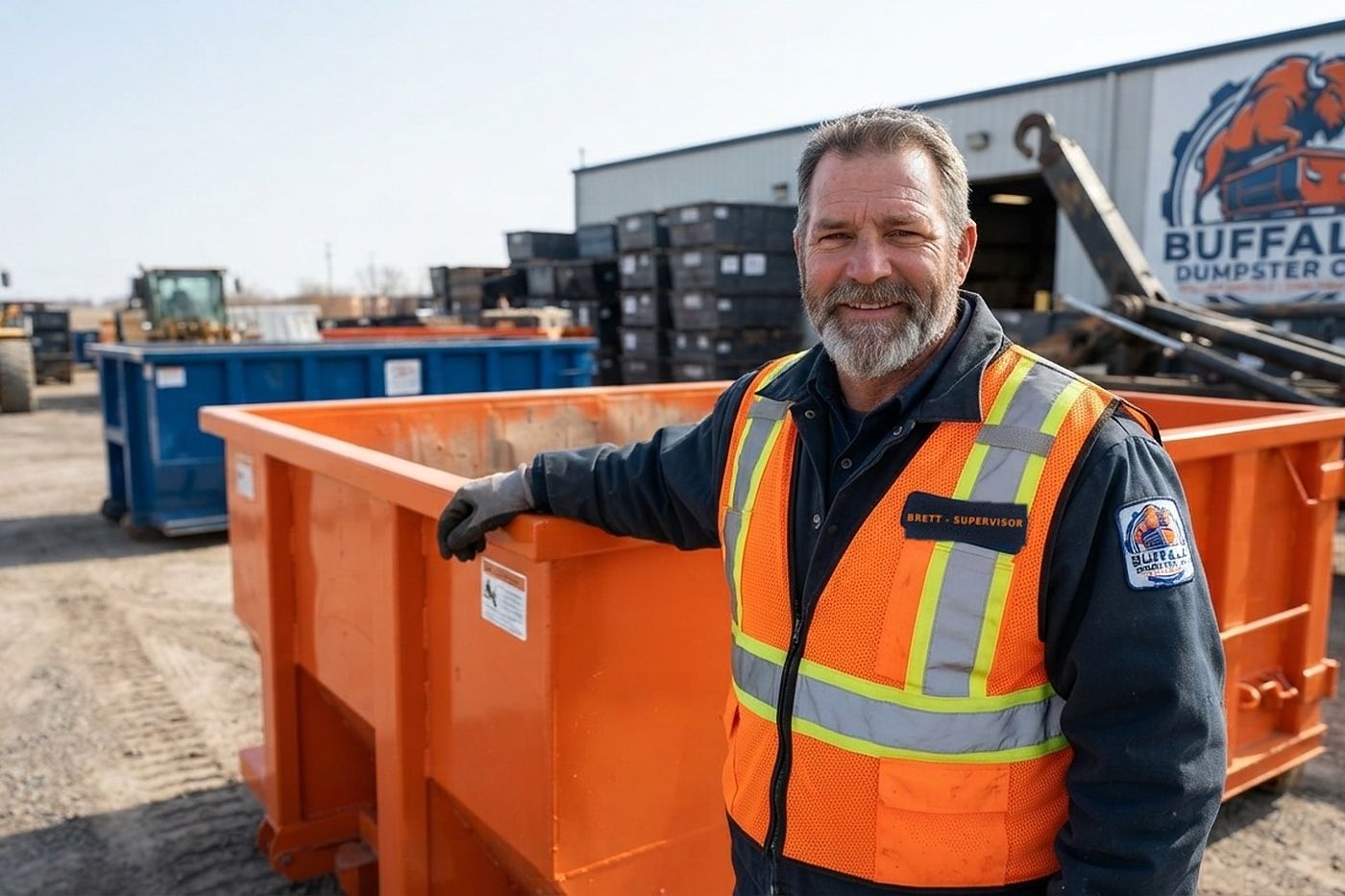 Brett, Buffalo Dumpster Co. yard supervisor, beside an orange roll-off container at the yard